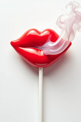 Red Lip-Shaped Lollipop with Pink Bubblegum Smoke on Stick