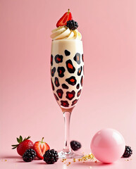 Leopard Print Champagne Glass Filled with Cream Dessert and Berries