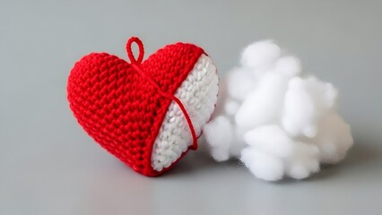 Fototapeta premium Handmade crochet red heart shaped bag with white stuffing and cotton balls on grey background