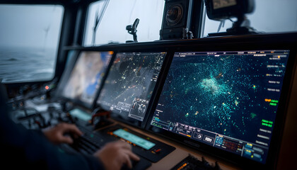 PC screen functioning as smart radar with many dots and texts on a cargo ship