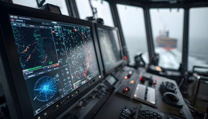 PC screen functioning as smart radar with many dots and texts on a cargo ship
