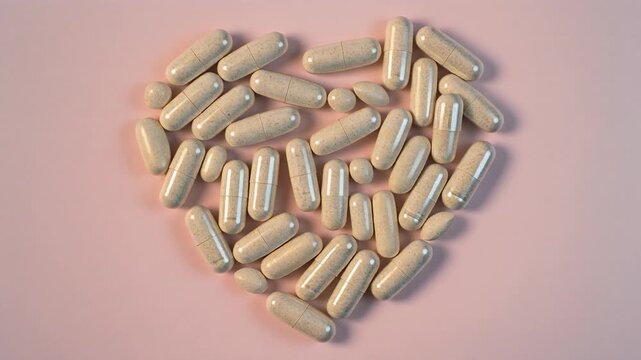 Dietary supplement capsules arranged in a heart shape on a pink background. Concept for cardiology, heart health care and wellness support with copy space for a web banner