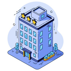 Fototapeta premium Illustrated modern hotel building with star rating and urban design elements