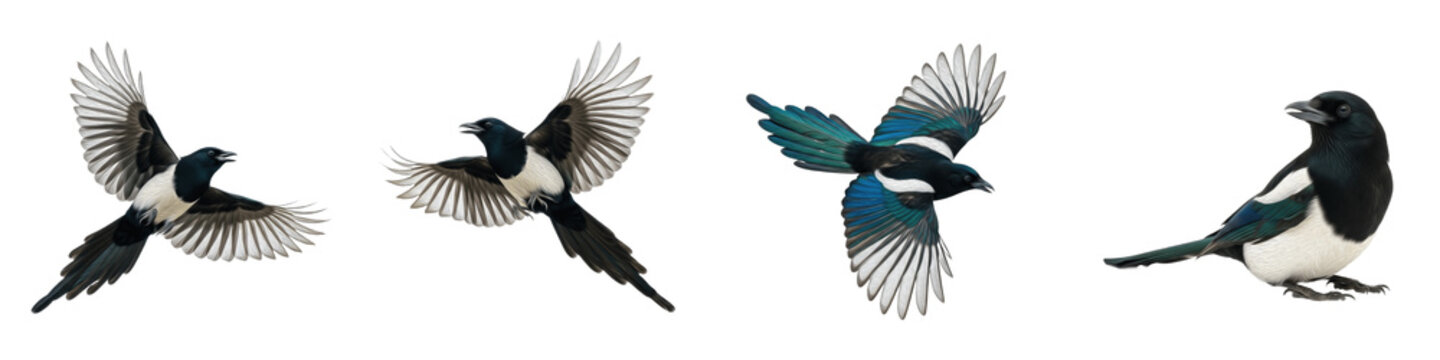 Eurasian Magpie Flying Set Transparent PNG Isolated On White Background Black And White Corvid Wings Spread Perched Garden Wildlife Nature Elements
