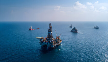 Aerial view from a drone of an offshore jack up rig, oil platform and offshore supply vessels at the offshore location during day time