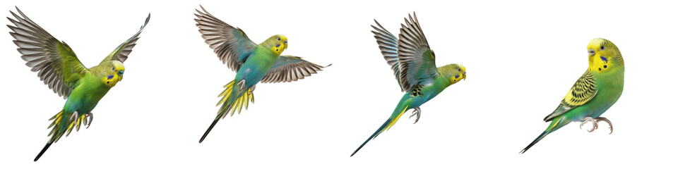 Budgerigar Flying Set Transparent PNG Isolated On White Background Colorful Pet Parakeet Wings Spread Perched Domestic Bird Nature Elements © QUO YEAT