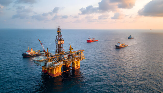 Aerial view from a drone of an offshore jack up rig, oil platform and offshore supply vessels at the offshore location during day time