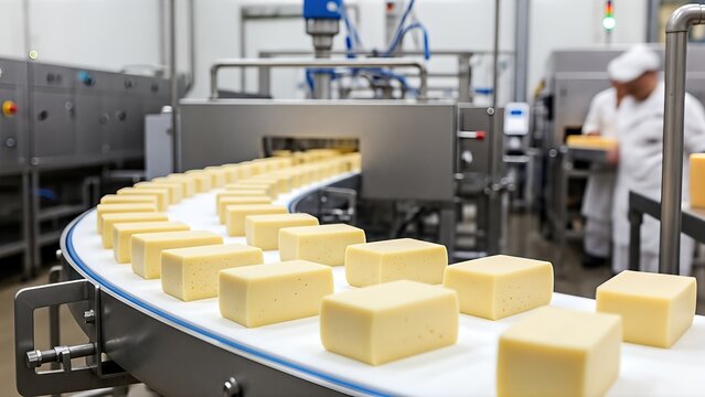 Cheese blocks moving along a conveyor belt in a modern food production facility, showcasing the automated process of cheese manufacturing and quality control