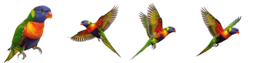 Rainbow Lorikeet Flying Set Transparent PNG Isolated On White Background Colorful Australian Parrot Wings Spread Perched Tropical Wildlife Nature Elements © QUO YEAT