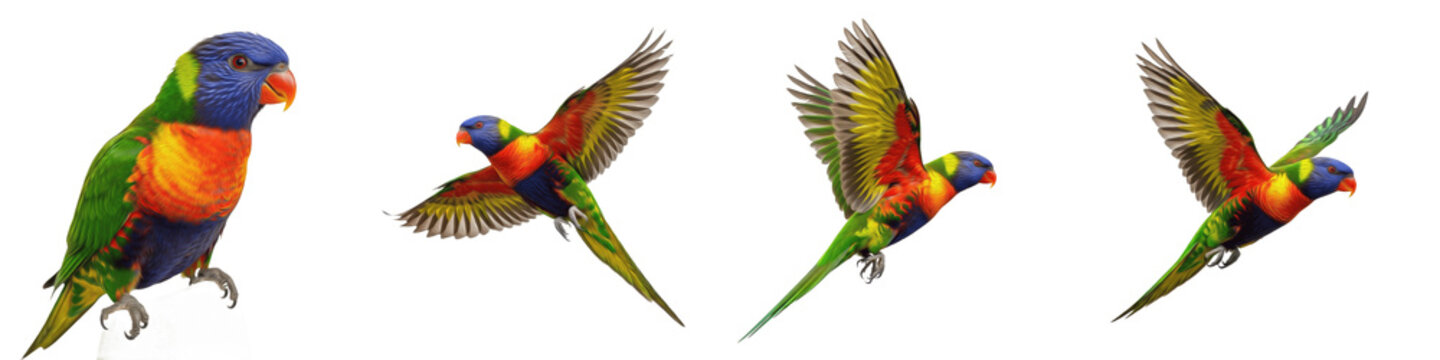 Rainbow Lorikeet Flying Set Transparent PNG Isolated On White Background Colorful Australian Parrot Wings Spread Perched Tropical Wildlife Nature Elements