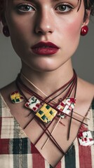 Modern Fashion Portrait: Woman with Bold Jewelry and Plaid Dress