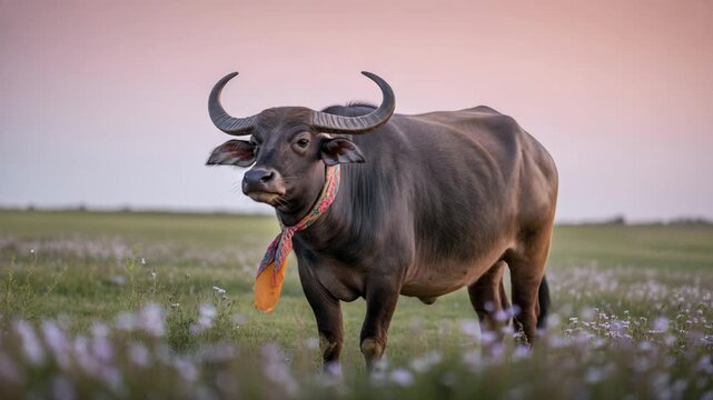 Powerful water buffalo standing in misty morning field with horns