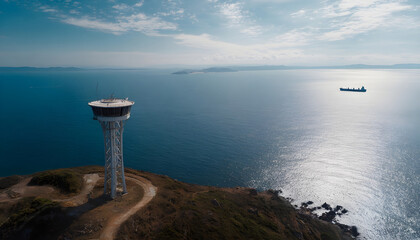 Aerial drone view of a maritime radar tower over calm sea with distant cargo ship and coastal horizon, capturing navigation technology and vast oceanic landscape on a sunny day