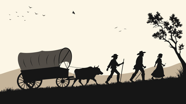 Pioneers journeying across American frontier with covered wagon