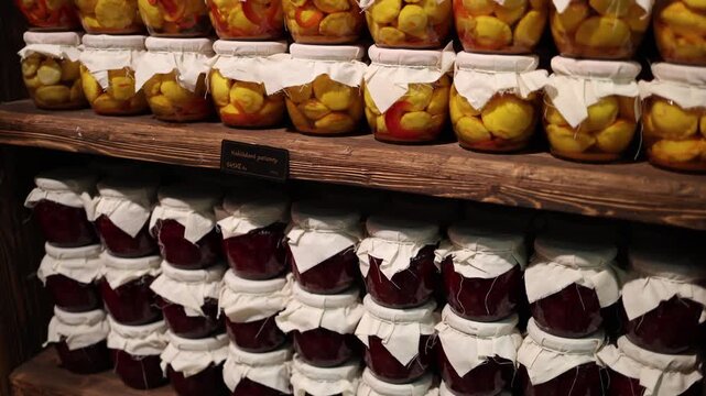 Rows of homemade preserved vegetables stacked on wooden shelves with warm rustic lighting creating cozy winter pantry atmosphere and highlighting colorful seasonal jars in warm store interior