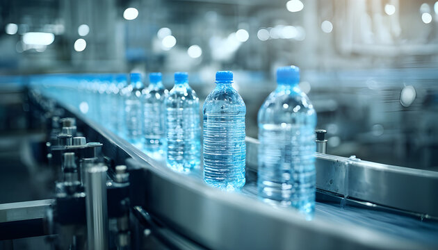 Plastic water bottles on conveyor and water bottling machine industry.