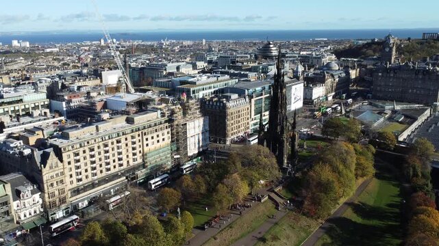 Scot monument to the sea static drone shot Edinburgh Scotland four