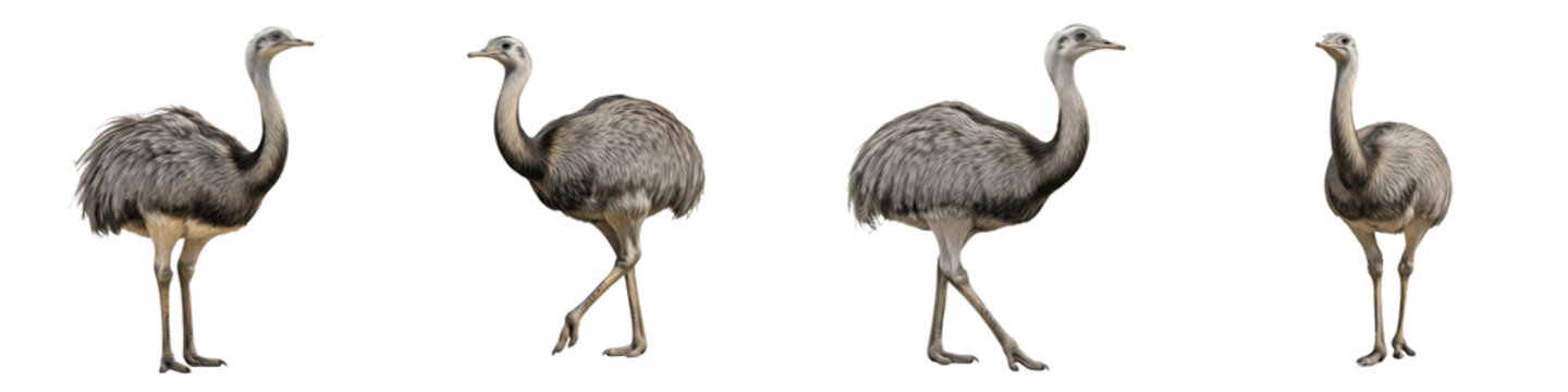 Greater Rhea Set Transparent PNG Isolated On White Background Large Flightless Bird Walking Standing Profile South American Wildlife Nature Elements