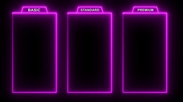 glowing neon Basic, Standard, and Premium package subscription tiers, Animation. Pricing and Features, Pricing plans table, pricing chart, price list for web or app tech concept 4k video.