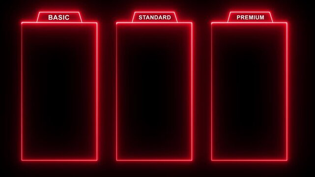 glowing neon red Basic, Standard, and premium Package subscription tiers, Animation. Pricing and Features, Pricing plans table, pricing chart, price list for web or app tech concept 4k video.