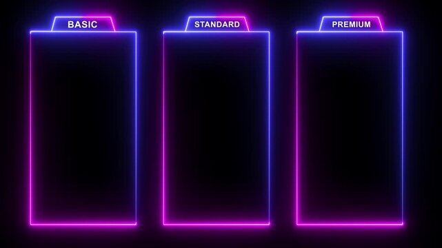 glowing neon two color Basic, Standard, and Premium Package subscription tiers, Animation. Pricing and Features, Pricing plans table, pricing chart, price list for web or app tech concept.
