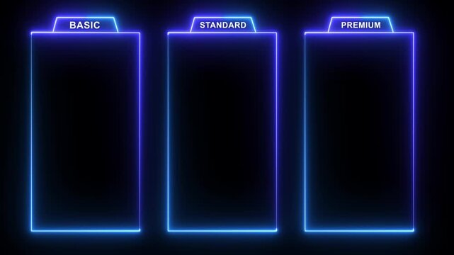 glowing neon two color Basic, Standard, and Premium Package subscription tiers, Animation. Pricing and Features, Pricing plans table, pricing chart, price list for web or app tech concept.