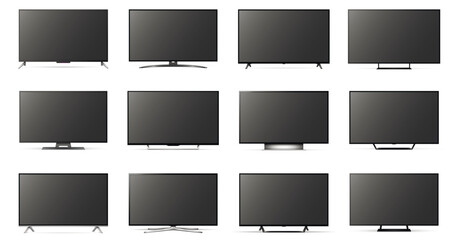 Realistic tv screen mockup. Different television display with black screens