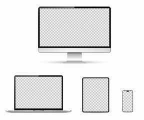 Realistic device mockup set with blank empty screen. Tablet PC , desktop computer, laptop and smartphone