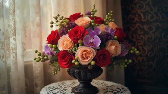 Luxurious bouquet of red and peach roses with purple orchids in a vintage vase. Elegant floral arrangement on a table with a lace doily for a special occasion or home decor