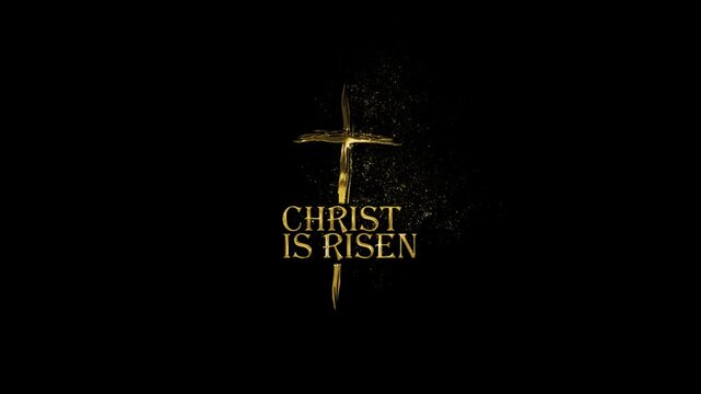 Christian cross with the inscription Christ is Risen with gold particles, alpha channel, religion and faith, golden religious sign with transparent background, religion and faith