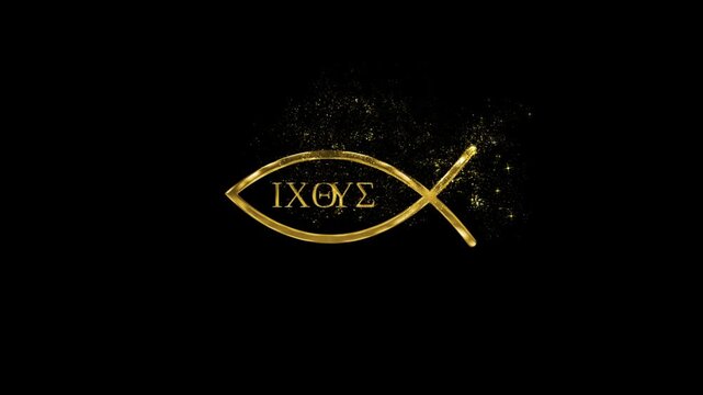 Christian fish sign with golden particles, alpha channel, religion and faith, golden religious sign with transparent background, religion and faith