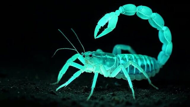 Glowing scorpion under ultraviolet light in dark environment