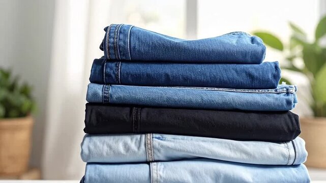 Neatly stacked denim jeans in various shades of blue, ready for retail display.