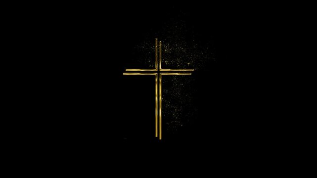 Golden Christian Cross with Golden Particles, Alpha Channel, golden religious sign with transparent background, religion and faith