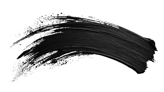 Curved black paint brush stroke with splatter detail, isolated on white, png