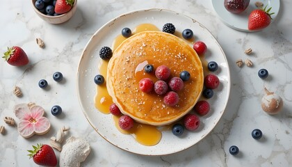 Fresh pancakes with maple syrup and berries, bright airy background, top view