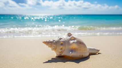 Large white conch shell resting on a sandy beach with turquoise ocean waves and blue sky