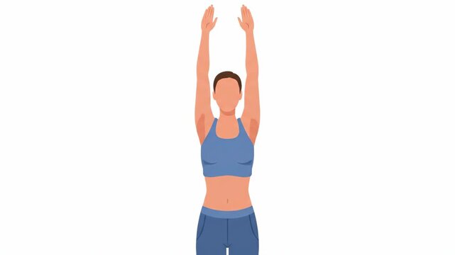 Woman in blue sports outfit standing with arms stretched overhead. Fitness exercise, stretching, or yoga Tadasana (Mountain Pose) variation. Isolated flat vector illustration.