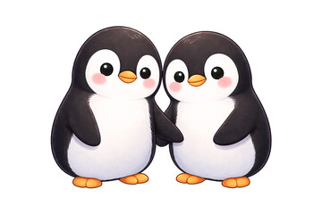 Two penguins standing together. Valentine designs. Love themed projects. Romantic holiday visuals.