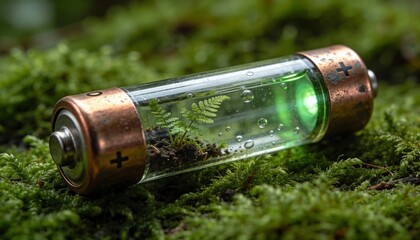 A metaphorical studio shot of a glass battery containing a miniature living ecosystem. It represents sustainable energy storage, renewable resources, and green technology solutions.