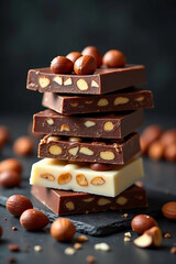 Stacked Dark and White Chocolate Bars Topped with Whole Hazelnuts
