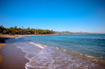 The grounds, pool and beach of the Senator Peurto Plata Hotel in the Dominican Republic, surrounded by palm trees under clear blue skies.
