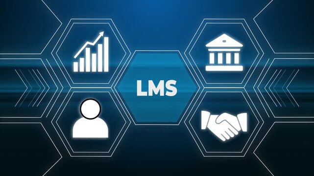 Woman Types on Laptop with Blue LMS Icon Graphic Overlay on Black Background at Table in Soft Lighting for Digital Education and Online Learning