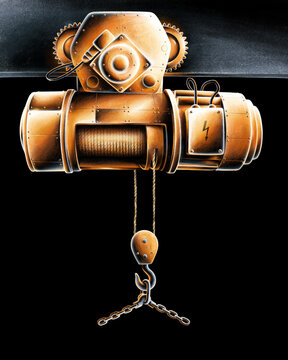 Old hoist crane hook. Orange industrial trolley with chain on black