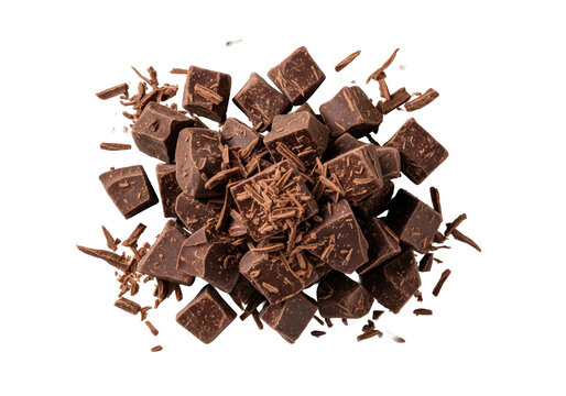 Dark chocolate chunks with delicate shavings on a transparent background with copy space, top-down macro view, appetizing and hyper-detailed, pure indulgence and premium quality food ingredient