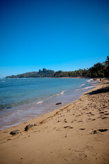 The grounds, pool and beach of the Senator Peurto Plata Hotel in the Dominican Republic, surrounded by palm trees under clear blue skies.
