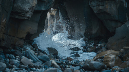 Waves surge over rocks in a narrow inlet