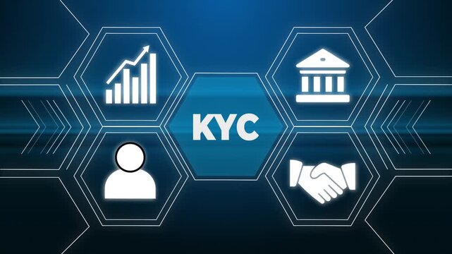 Midsection of Person in Dark Pinstripe Suit Holding Glowing Kyc Graphic with Security Icons on Light Background in Corporate Concept