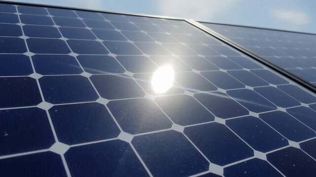 Solar panel close up with sunlight reflection showing clean energy technology for mobile solar generator powering sustainable energy solutions