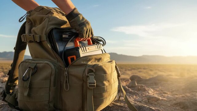 Portable mobile solar generator packed into hiking backpack for outdoor adventure emergency power supply in scenic desert sunset landscape